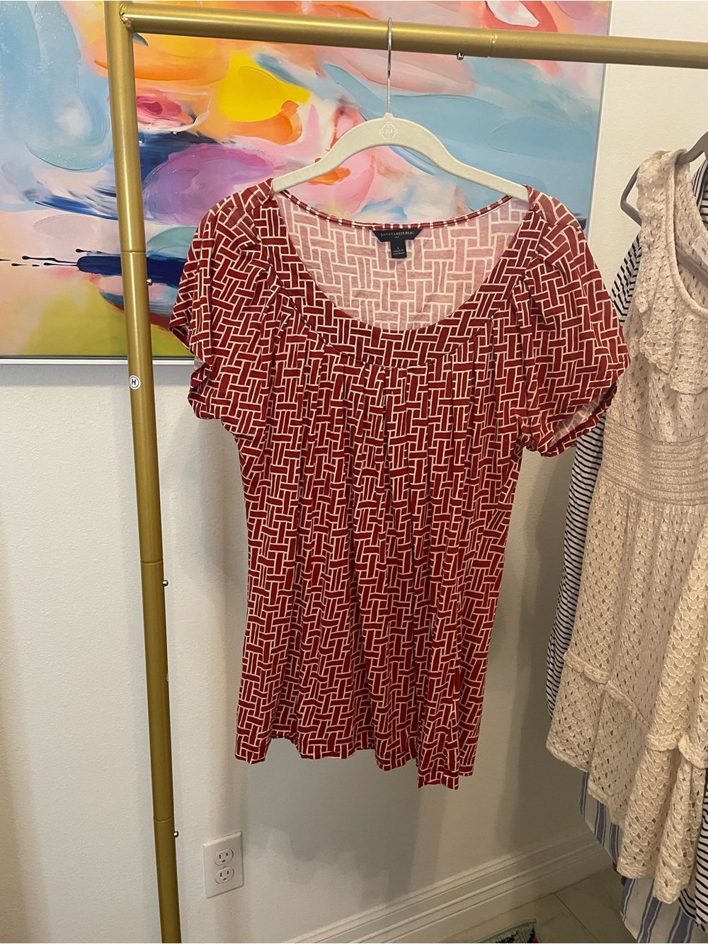 Banana Republic Red Geometric Scoop Neck Tunic Large‎